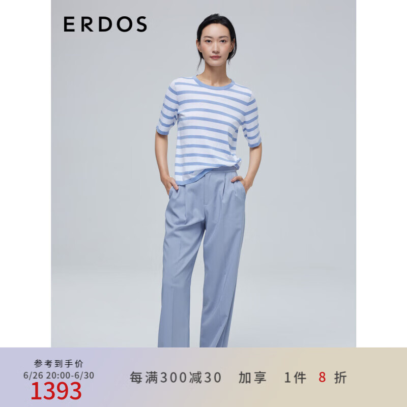 ERDOS 春夏航海条纹简约纯棉圆领女短袖T恤 淡蔚蓝 170/92A/XL