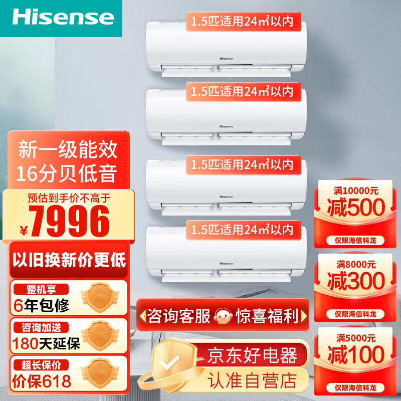 海信（Hisense）1.5匹 新一级变频 空调挂机 速冷热 冷暖智能 自清洁 4台套装 KFR-35GW/E290-X1*4 1.5匹 一级能效 35E290X1*4