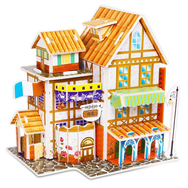纸质3D立体拼图拼装模型拼插积木儿童早教玩具3-6-8岁手工房屋城堡建筑 法国旅馆