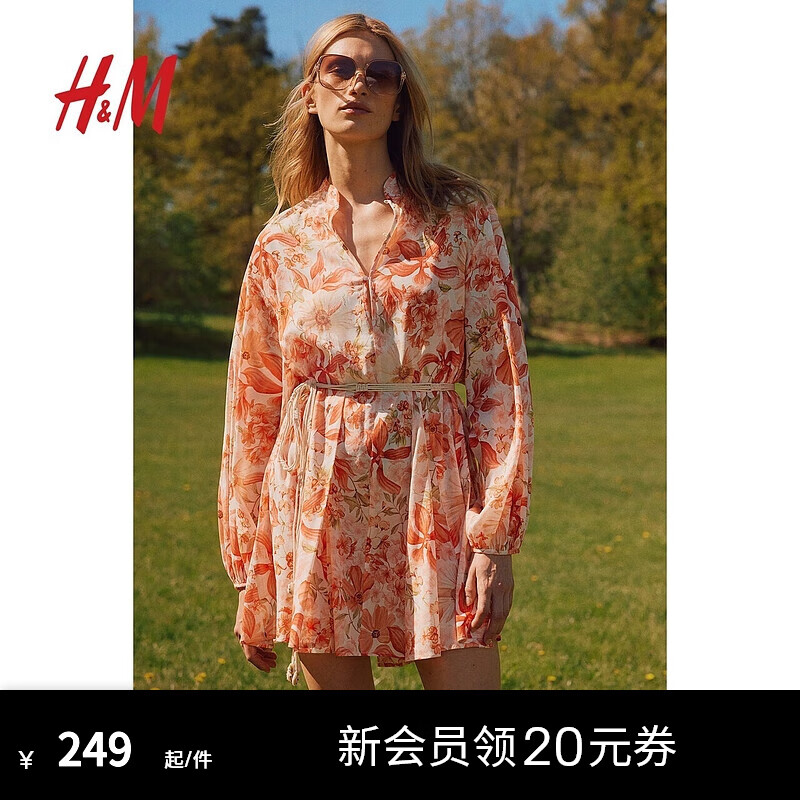 H&M女装连衣裙2024夏季 结腰带中式领灯笼长袖短裙1229587 珊瑚红/花卉 165/96 M