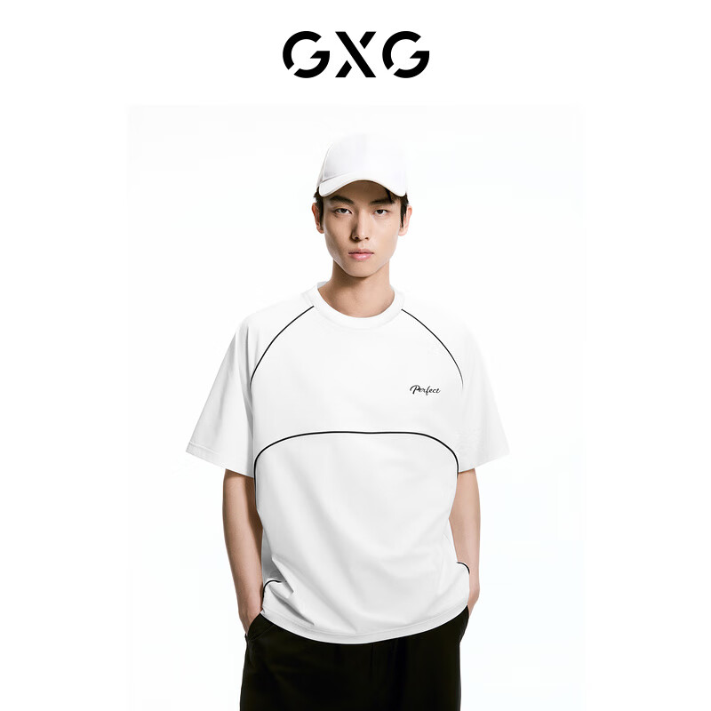 GXG男装    双色撞色设计复古休闲圆领短袖T恤男生上衣 24夏 白色 170/M