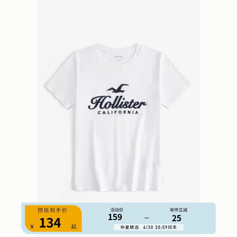 HOLLISTER24夏季美式徽标休闲棉质圆领短袖T恤 女 KI357-3284 白色 S (165/88A)