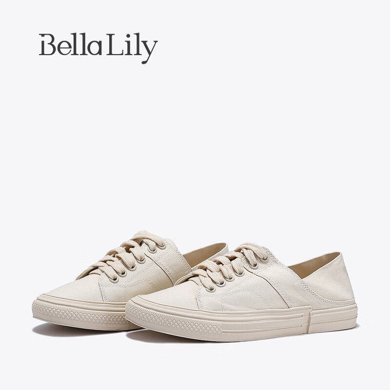 Bella Lily2024夏季可踩后跟帆布鞋女轻便小白鞋平底小众板鞋 米白 35