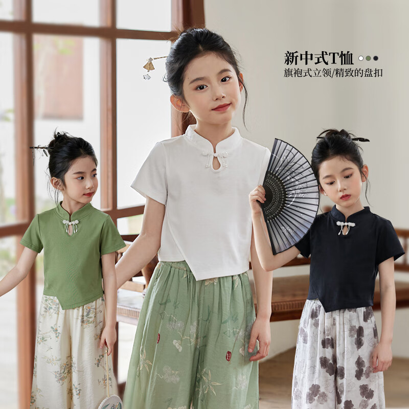 LUSON陈大猪 女童短袖t恤夏季2024盘扣新中式国风 叶绿色160