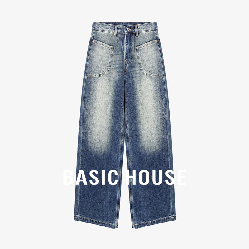 Basic House/百家好复古百搭水洗夏季美式裂纹蓝色潮流阔腿直筒裤 蓝色 S