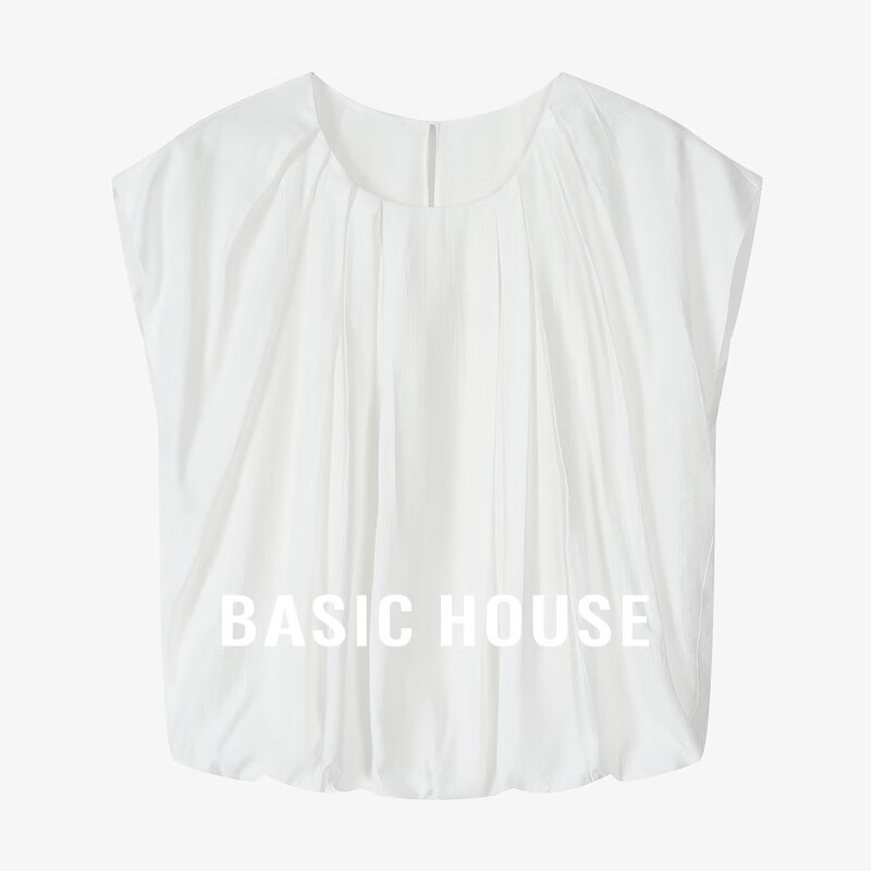 Basic House/百家好纯色个性休闲小衫夏季百搭设计感花苞短袖衬衫 米色 S
