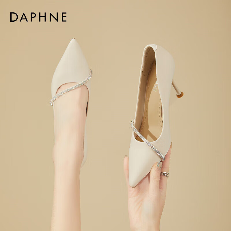 达芙妮（DAPHNE）高跟鞋女法式2024春季细跟水钻恨天高单鞋尖头工作鞋 米白色 9cm 40 