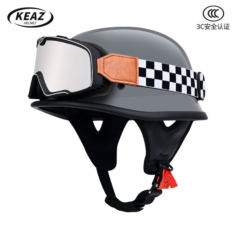 KEAZ摩托车头盔德式复古半盔3C机车钢盔男女士巡航电动车帽骑行 水泥灰配大框风镜 L（58-59）