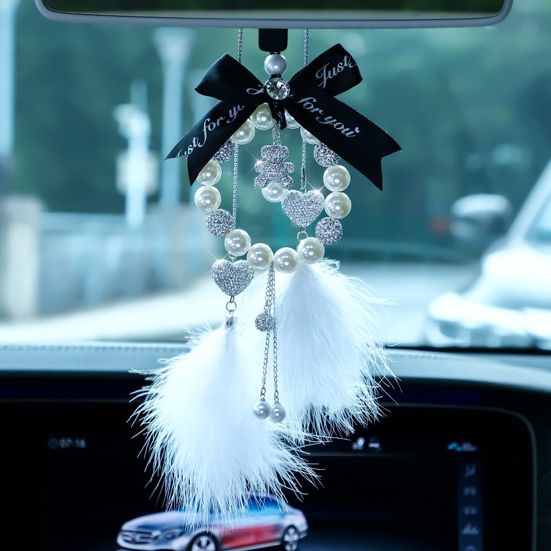 奔域 汽车挂件车内挂饰车载装饰品吊坠抖音同款高档创意珍珠小熊车上车内男女后视镜挂饰 【爱心】双羽毛+ 【小熊】珍珠车挂