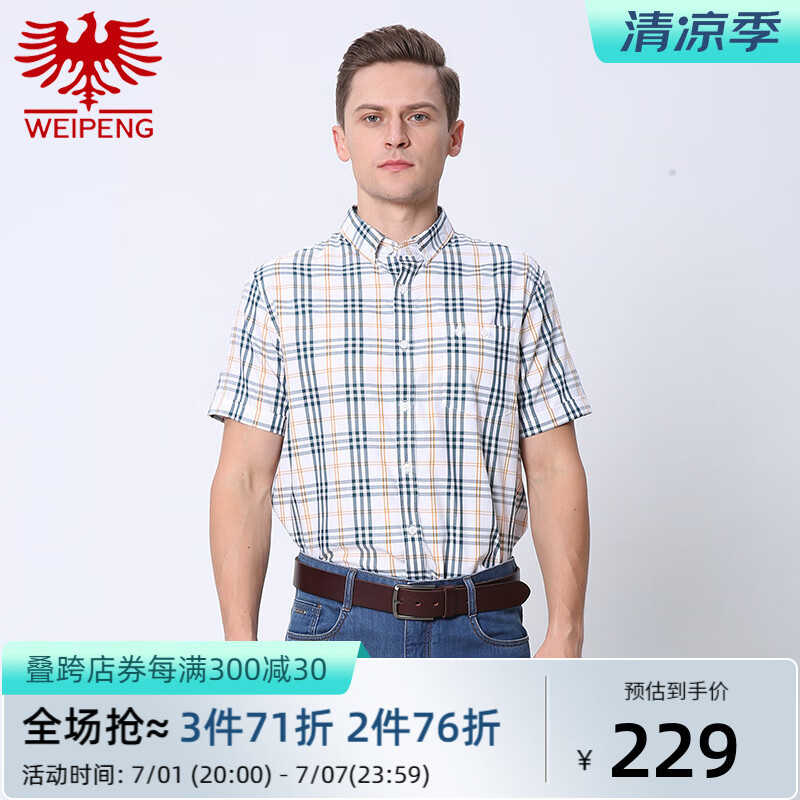 威鹏（weipeng）男士短袖衬衫夏季有口袋宽松透气中年休闲格子衬衣C22040 拼色格子 M