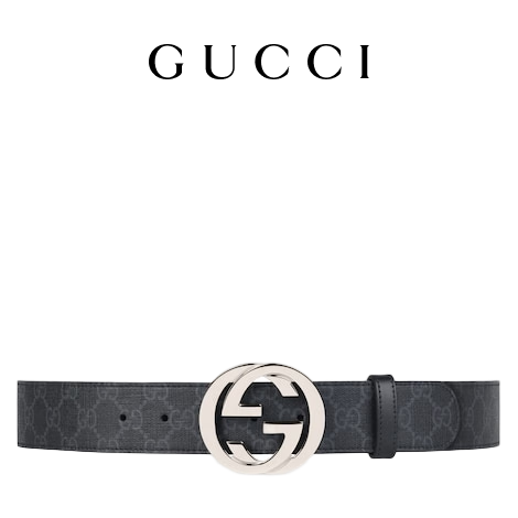 GUCCI古驰互扣式双G带扣GG Supreme帆布腰带4厘米宽 黑色/灰色 120cm
