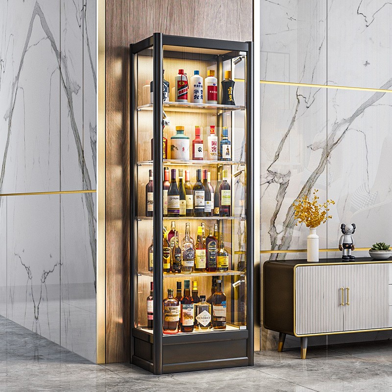 蔻丝（ColesHome） 免安装玻璃酒柜客厅靠墙现代简约小酒柜轻奢高档白酒红酒柜 【极简黑】带黄色灯 60*40*180