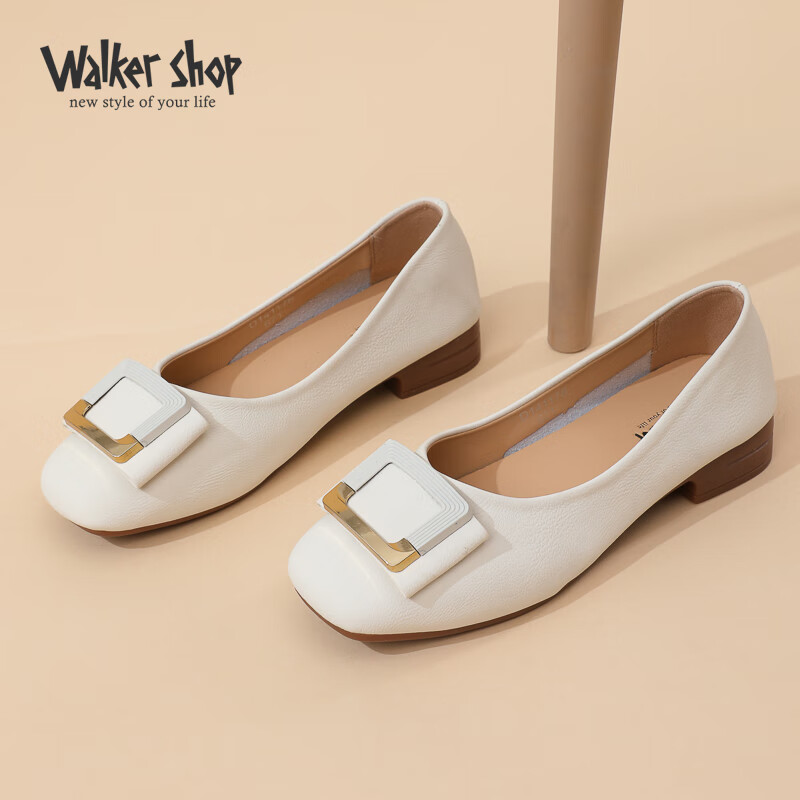 Walker Shop女鞋2024夏季女士浅口单鞋女时尚低跟休闲鞋女百搭通勤鞋子女 米色 35