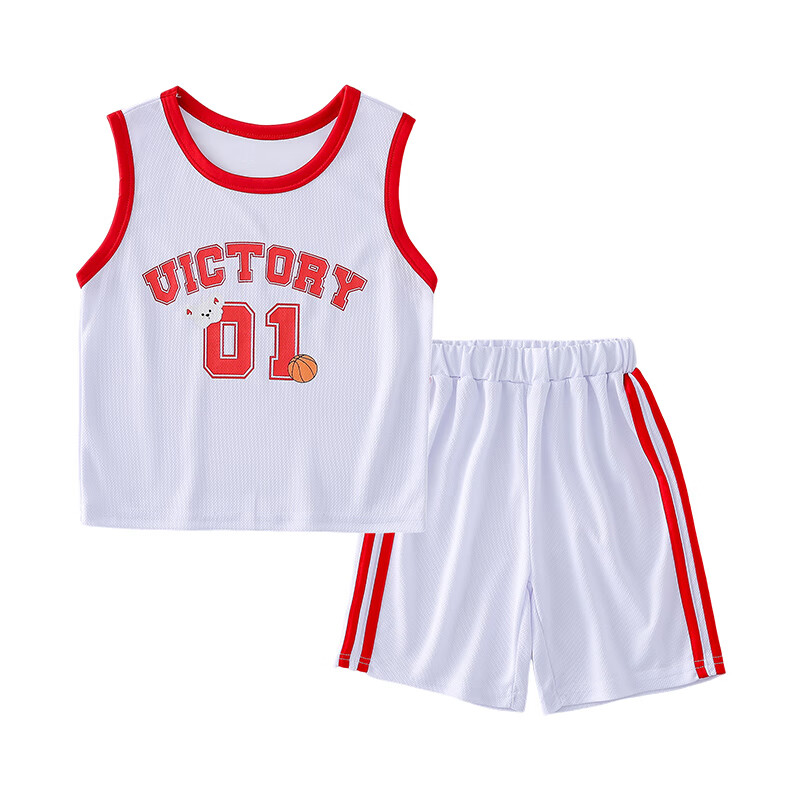 棉花堂男童套装宝宝背心短裤两件套儿童篮球服夏装运动服薄款   本白 100/56