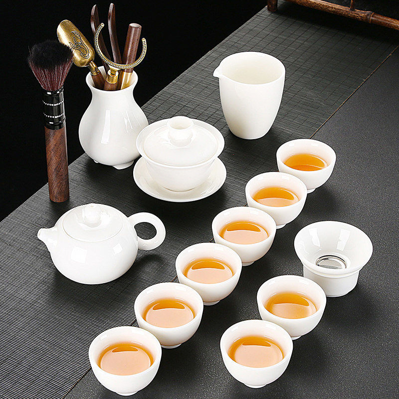 蕉夏羊脂玉白瓷白瓷功夫茶具套装家用简约办公室整套茶具盖碗茶杯茶道 13头羊脂玉西施壶套装(有言杯)
