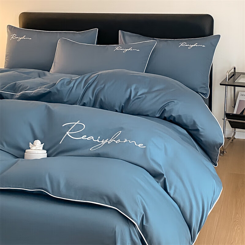 眠度轻奢高级感床上四件套纯棉100%刺绣纯色双拼全棉床单被套家用床品 轻奢-宾利蓝 0.9m床单款三件套