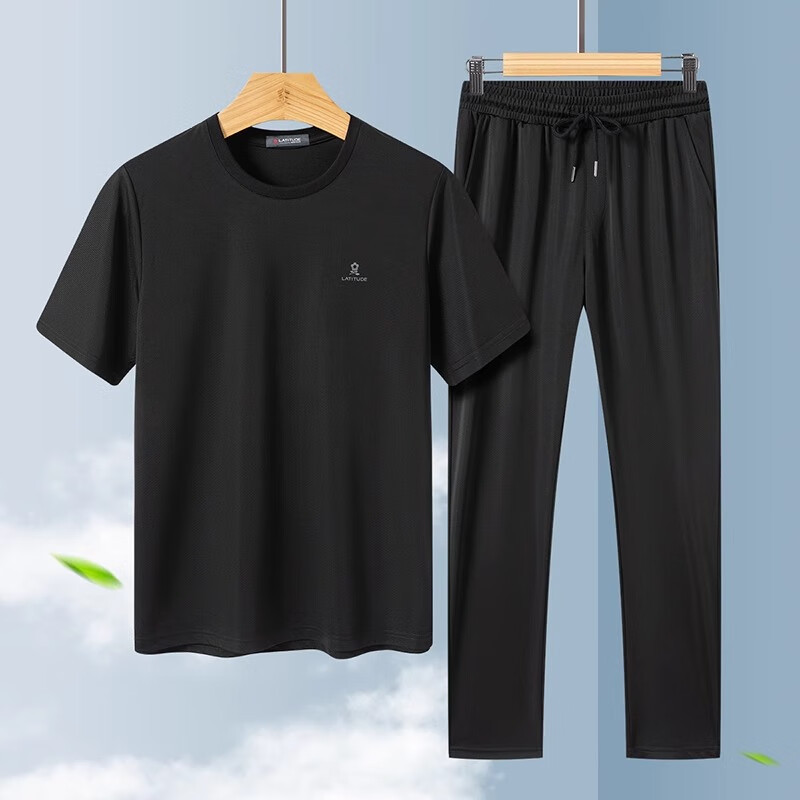 梦特娇（MONTAGUT）【两件套】短袖男士T恤夏季抽绳休闲运动长裤套装 黑色 XXL 