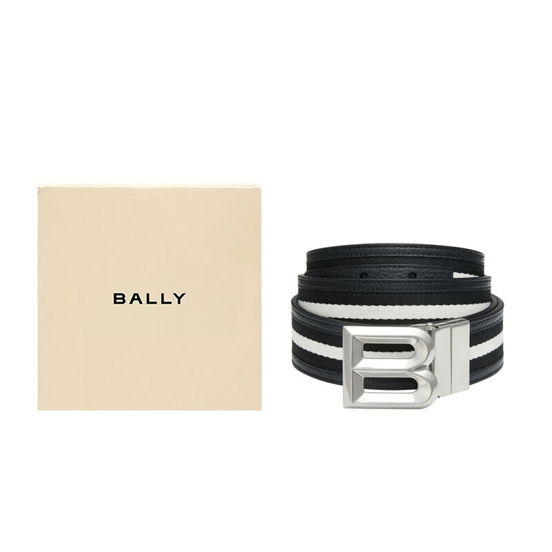 BALLY巴利 男士拼色B字板扣双面腰带皮带 黑色/白色 6306666 90
