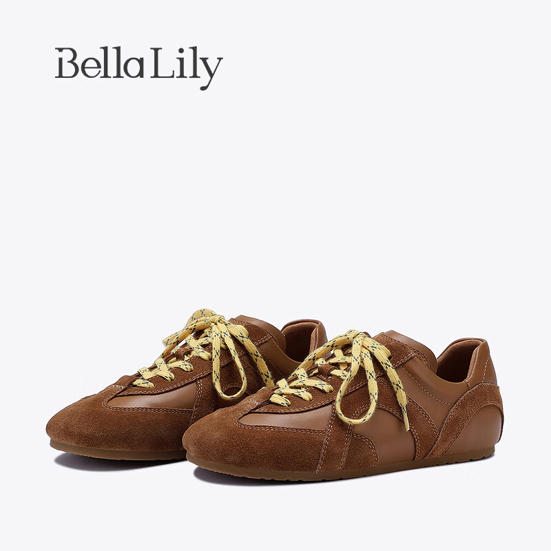 Bella Lily2024夏季小众牛皮德训鞋女轻便平底鞋百搭休闲鞋 棕色 35