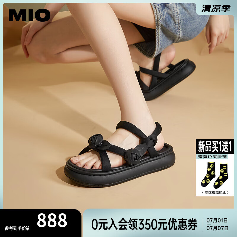 MIO米奥2024年夏季韩版中跟休闲凉鞋蓬软扭结云感厚底通勤凉鞋女 黑色 36