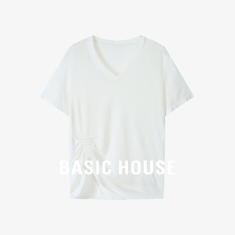 Basic House/百家好天丝小众褶皱设计短袖T恤V领宽松上衣夏季 白色 M