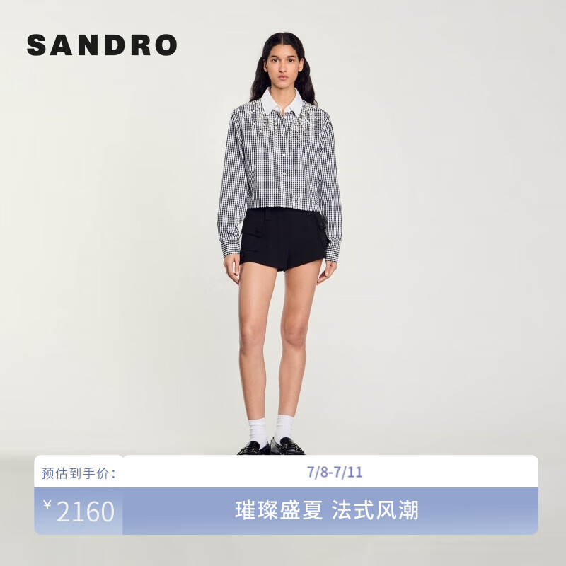 SANDRO2024早秋女装法式设计感钻饰短款格纹衬衫SFPCM01160 黑色 0