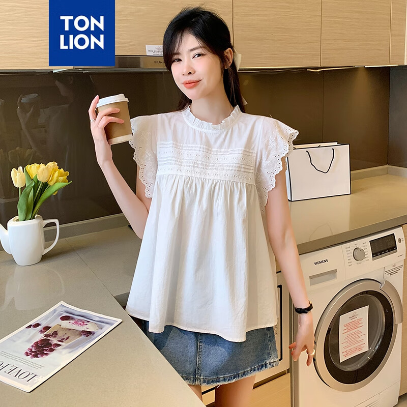 唐狮 TONLION2024夏季女圆领木耳边无袖衬衫上衣WP 本白 S