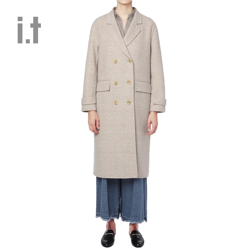 it b+ab女装长款大衣冬季时尚气质毛呢格纹双排扣0236SD