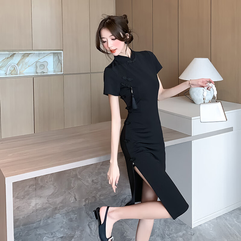 家隆名秀夏季气质收腰显瘦感改良新中式旗袍穿搭包臀连衣裙子 黑色 M