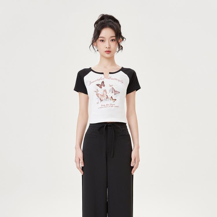 5+ Five Plus女夏装蝴蝶图案短袖T恤女小众短款上衣修身刺绣