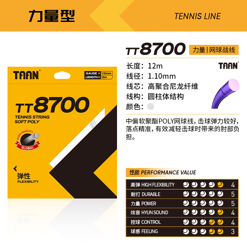 TAAN泰昂网球拍线硬线六角控球高弹性软线多功能网球拍线单卡线12m TT8700--单卡装