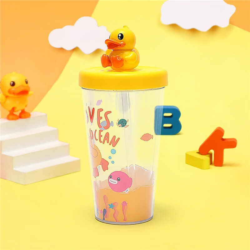 B.Duck小黄鸭3D公仔吸管杯大人儿童双层透明杯男女童可爱卡通杯 黄色 390