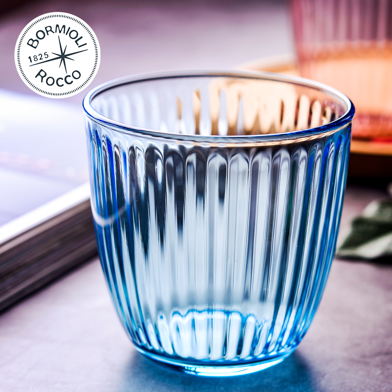 BORMIOLI ROCCO彩色玻璃杯 原色玻璃不掉色客厅泡茶杯 无铅玻璃漱口咖啡杯- 线条蓝290ml中杯
