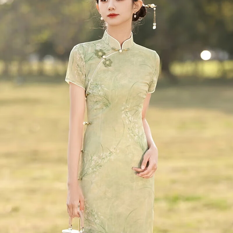 杜艳枝春夏旗袍复古民国风小清新高端气质年轻款古法少女绿色改良旗 浅绿色 M 90-100斤(1米6身高标准)
