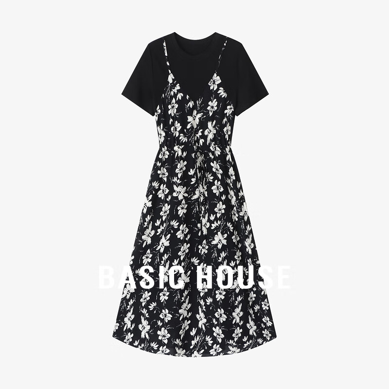 百家好（Basic House）夏季新款假两件撞色优雅气质感碎花短袖连衣裙-B0624A5J722 黑色