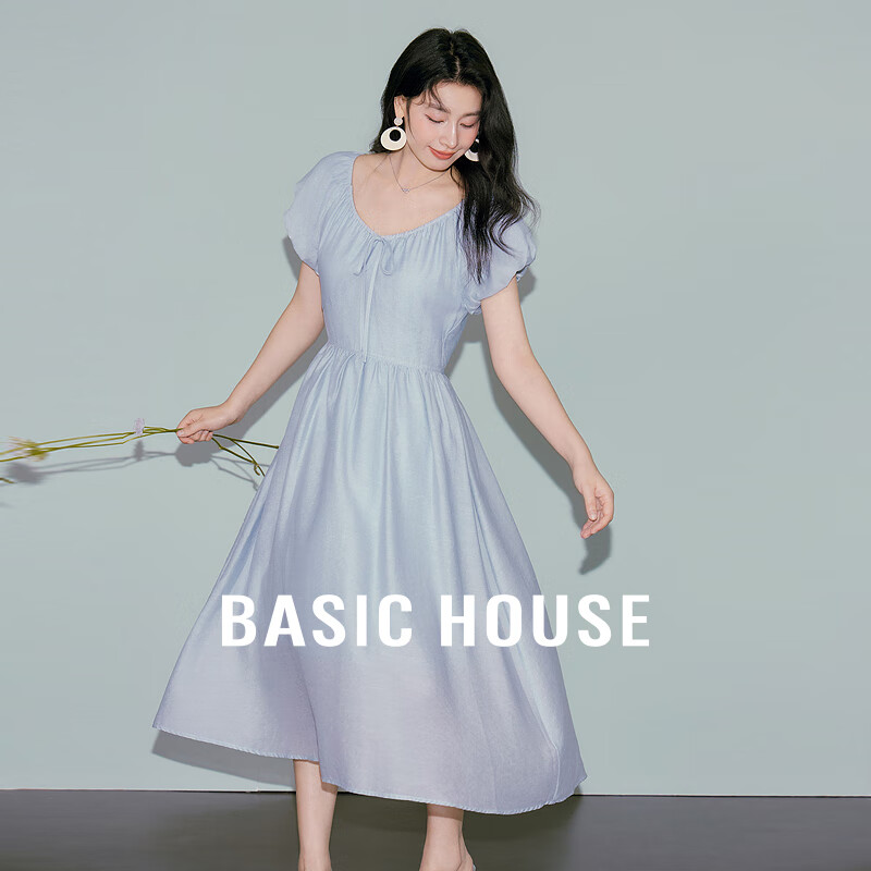百家好（Basic House）天丝系带连衣裙夏季双层收腰黑色长裙子女B0624B5Y682 蓝色 L