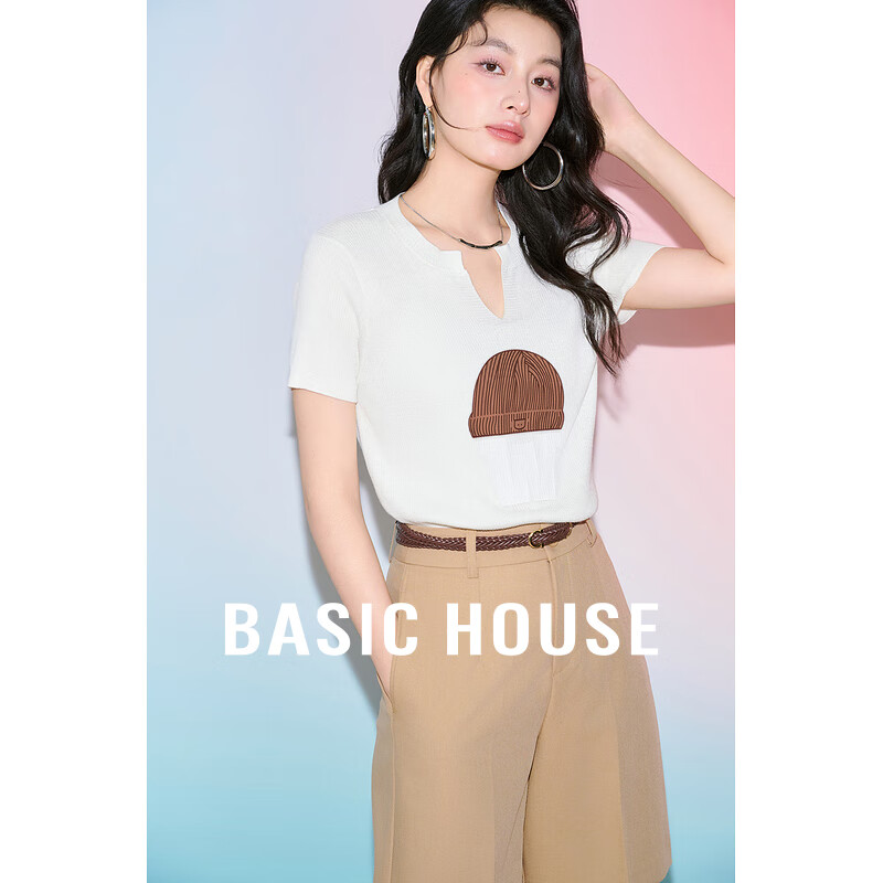 Basic House/百家好夏季休闲百搭宽松通勤时尚针织衫-B0624A52332 白色 M110-125斤