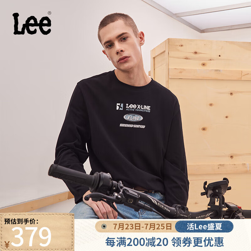 Lee24早秋舒适版运动设计图案圆领黑色男长袖T恤LMT009033200 黑色 S