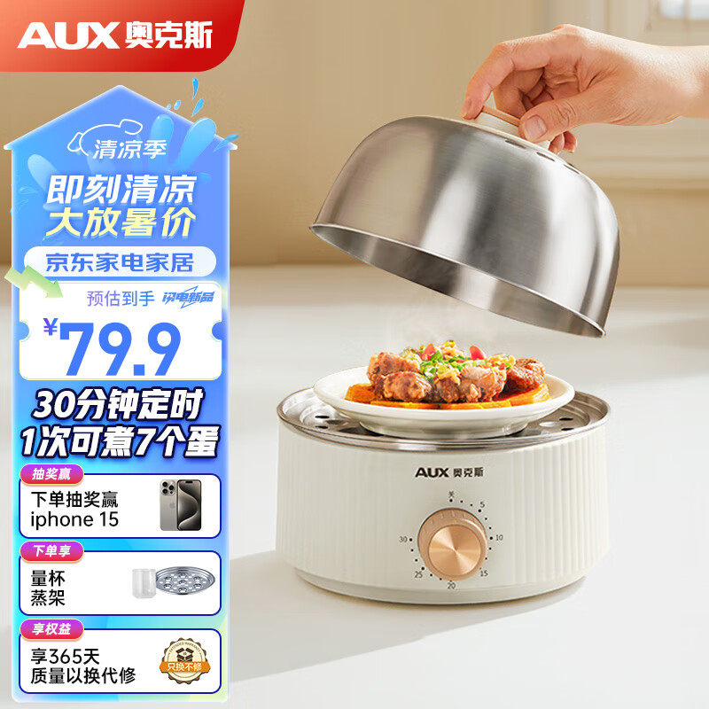 AUX奥克斯煮蛋器 蒸蛋器 小型不锈钢电蒸锅多功能 定时 自动断电防干烧 蒸煮早餐HX-209单层配碗