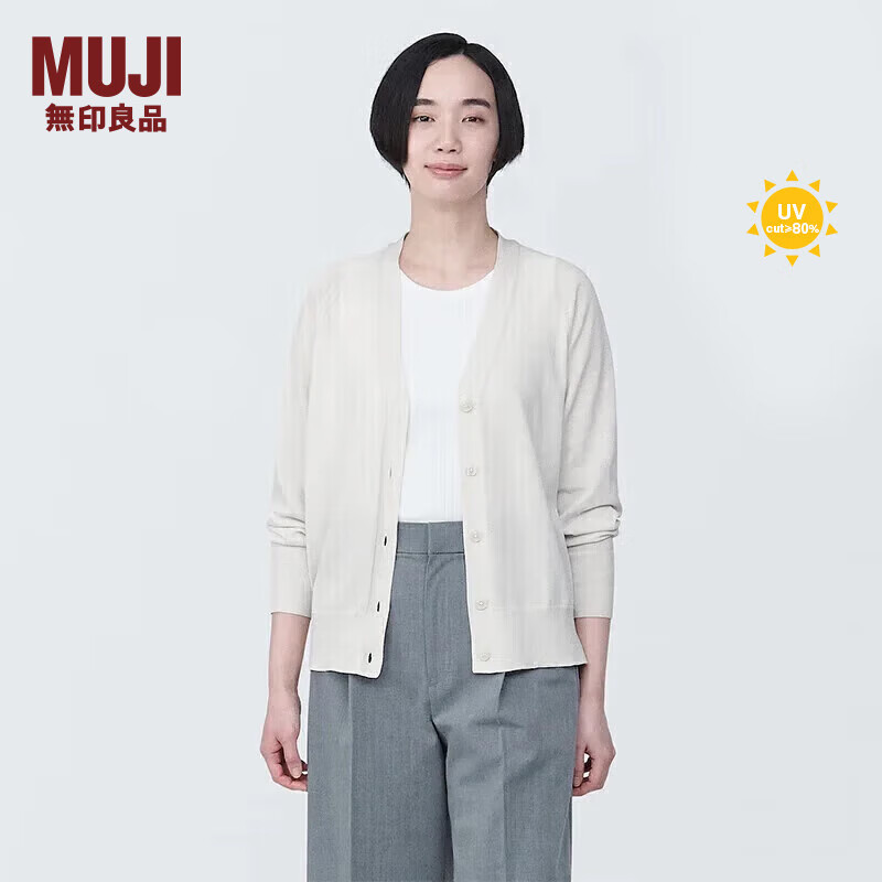 无印良品（MUJI）女式 防紫外线不易变形宽版开衫 防晒衣服 女款长袖 外套 针织衫 米白色 M 160/84A