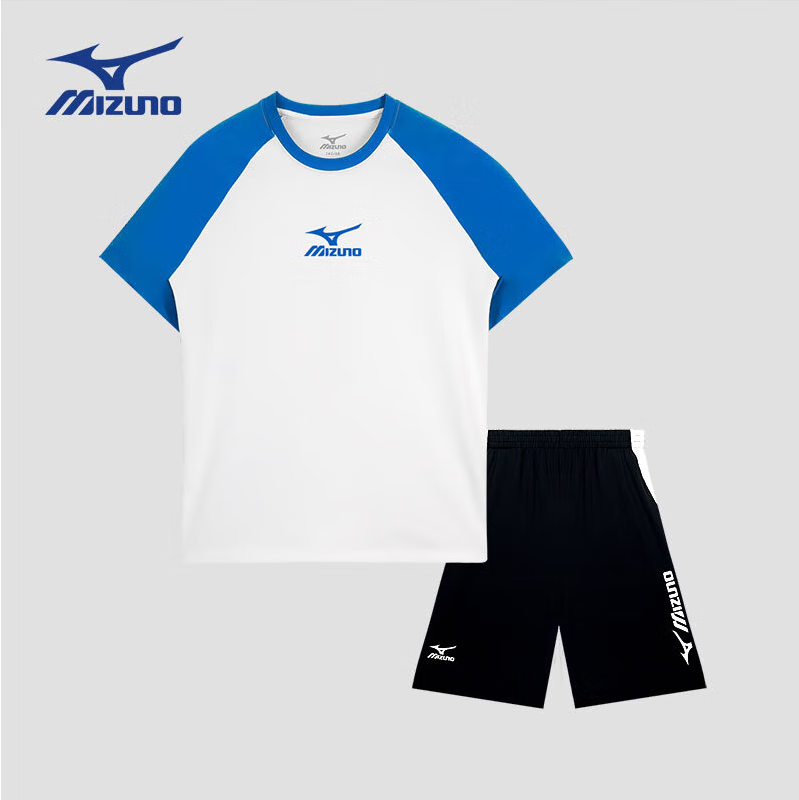 美津浓（MIZUNO）儿童运动套装男女同款2024夏季运动T恤休闲短裤 冲浪蓝TZ24230273 120cm (身高115-125cm)