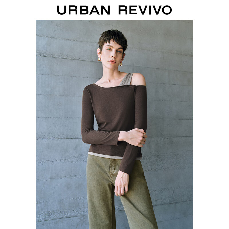 UR2024秋季新款女装美拉德假两件镂空斜肩领长袖T恤UWH440092 深咖棕