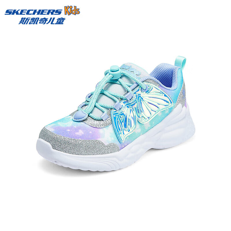 Skechers斯凯奇儿童春秋时尚公主鞋女童抽绳闪灯运动休闲鞋子303055L 银色/薰衣草色/SLLV 34码