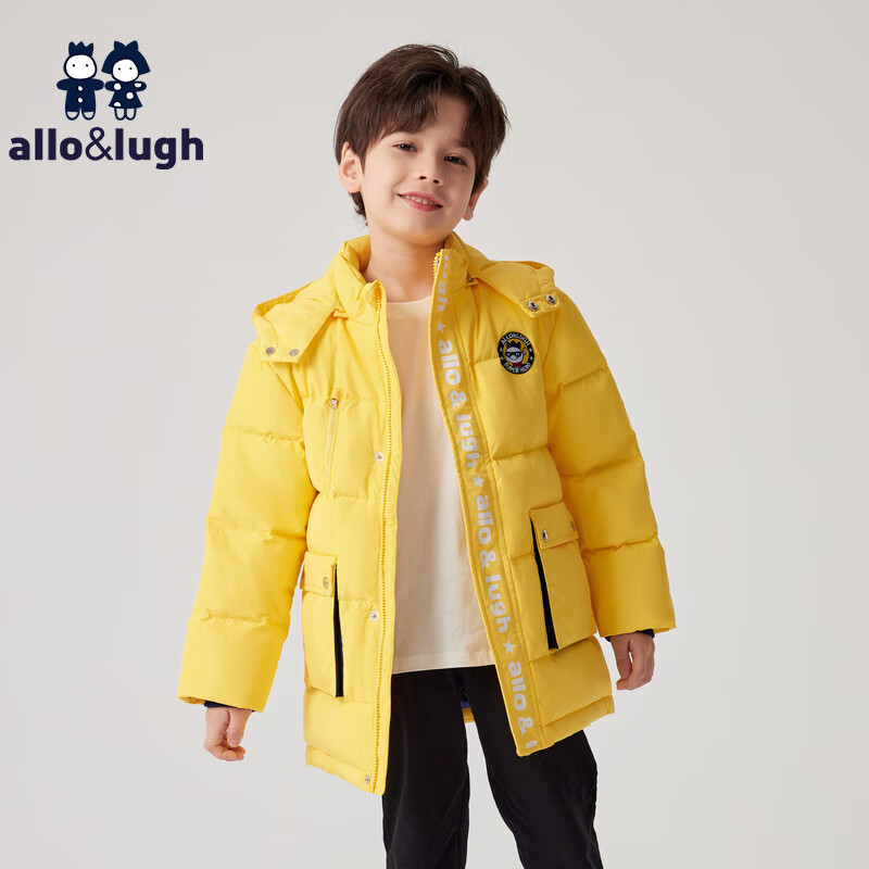 allo&lugh男童羽绒服中长冬季儿童连帽工装外套中大童 黄色 90cm