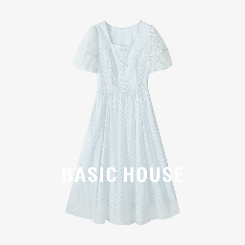 Basic House/百家好法式重工珍珠钩花连衣裙夏季蓝色泡泡袖长裙子 蓝色 XL