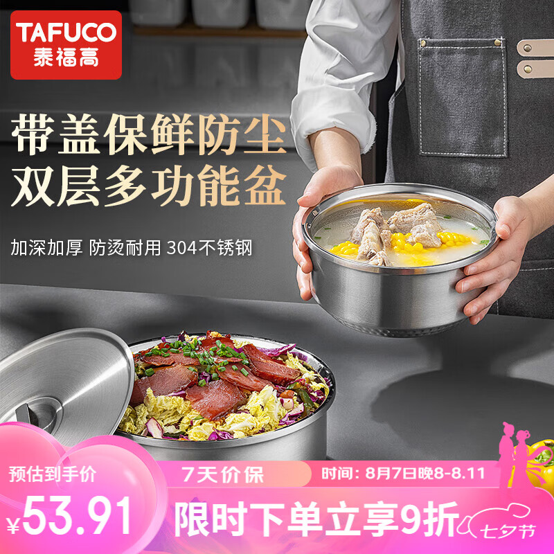 泰福高（TAFUCO）304不锈钢盆洗菜盆和面盆带盖厨房多用盆双层防烫菜盆T5197-19cm 【19cm】双层防烫-带盖