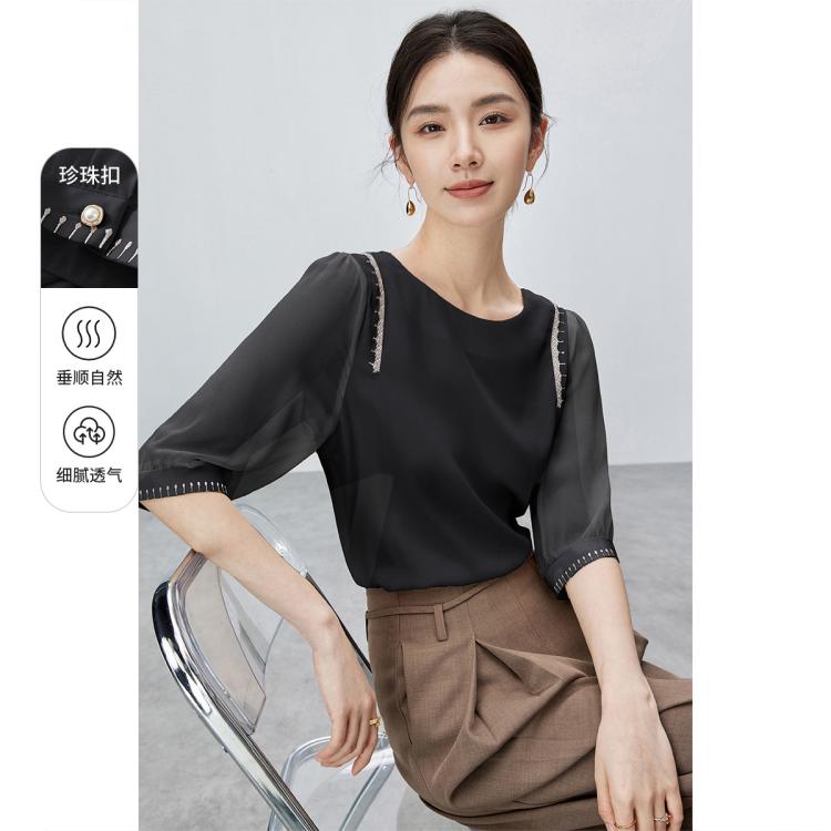 【优雅刺绣雪纺衫】2024夏新时尚气质圆领衬衣微透五分袖套头衬衫