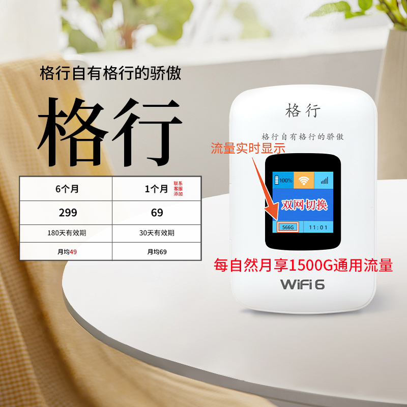格行 GEXING(设备与流量均)移动随身无线wifi双网切换彩屏wifi6