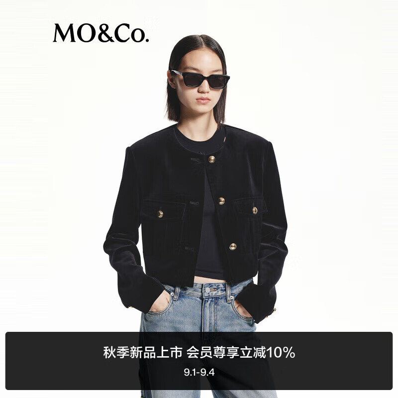 MO&Co.外套2024秋新品小香风奢光细绒短款箱型口袋夹克MBD3JKT015 黑色