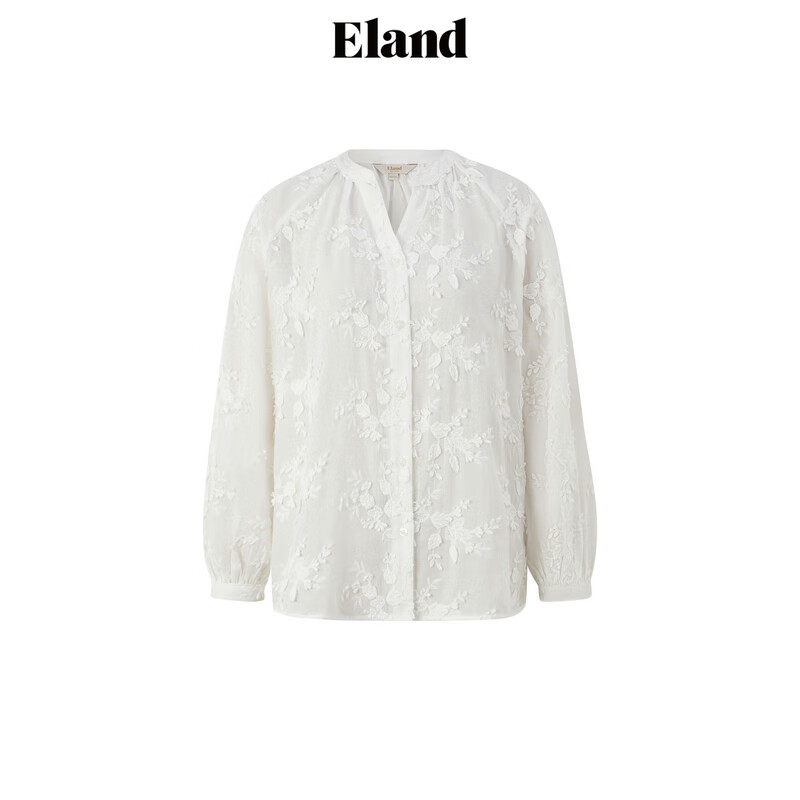ELAND衣恋衬衫女宫廷风无领v字系扣重工刺绣薄款上衣2024秋季新款 象牙白/白色(39)Ivory